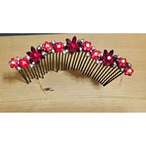 Rhinestone RED Flower Hair Comb Red‎ Crystal Bridal Headpiece Prom Y2K